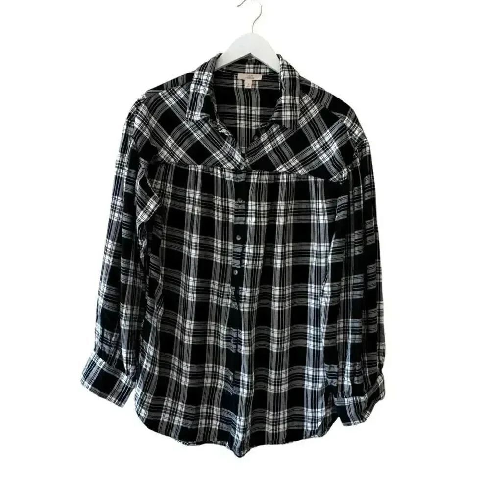 Como Vintage Tunic Top Black White Button Down Baby Doll Long Sleeve SZ L #2275